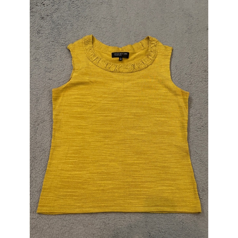Jones New York Collection Mustard Yellow Knit Sleeveless Ruffle Neck Shell Top S